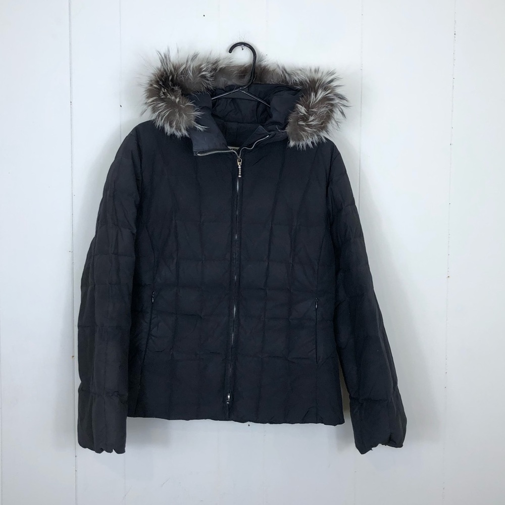 Post Card Black Quilted Puffer Down Jacket W/ Fur Hood Sz M